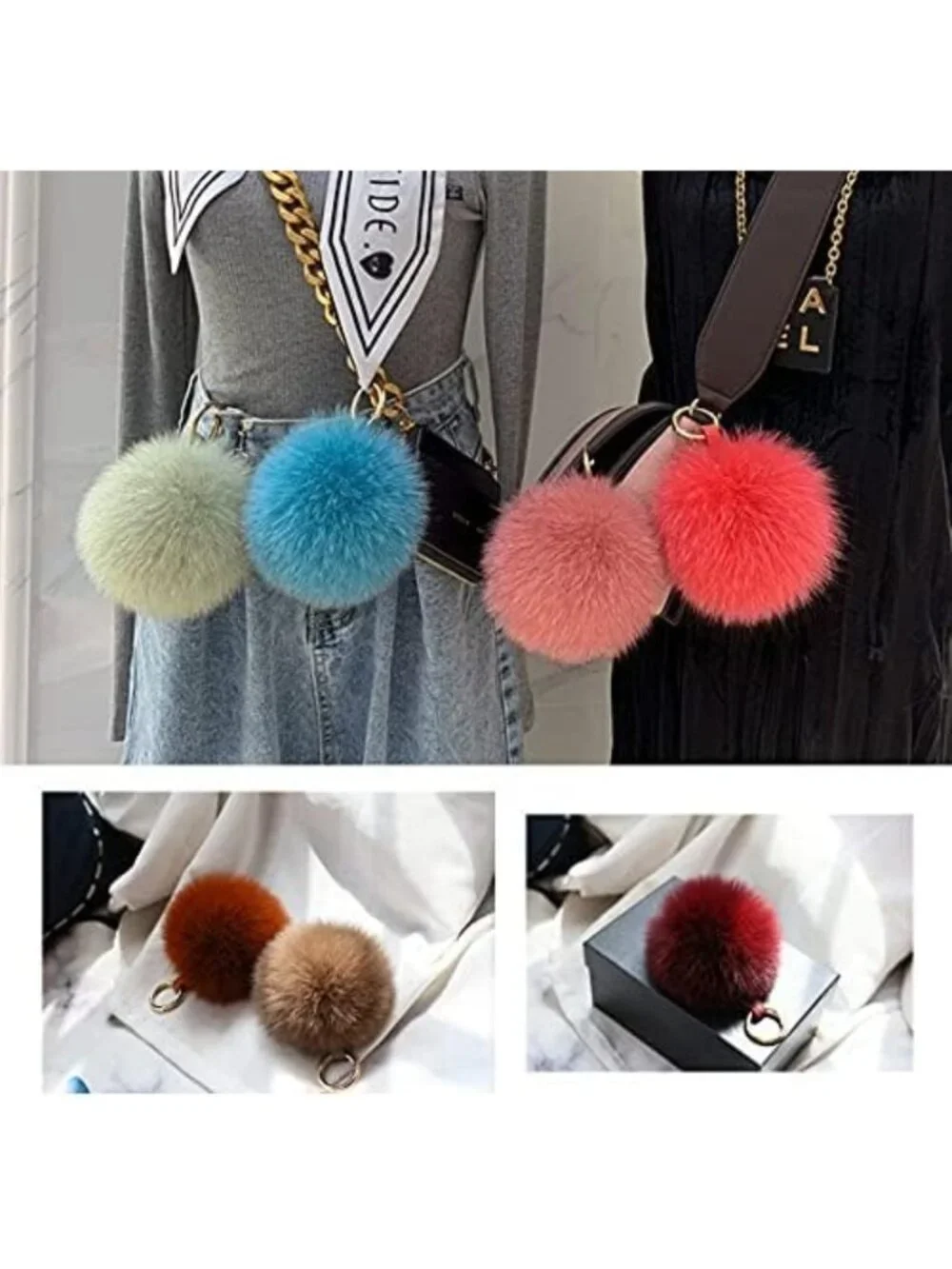 Fluffy Real Fox Fur Pompom Keychain - Large Furry Bag Charm Accessory